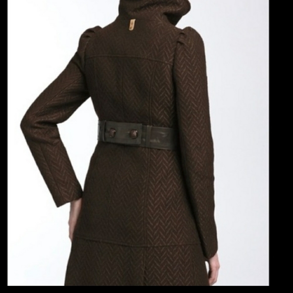 Mackage Black Textured Wool Coat with Leather Detail At Waist - Picture 2 of 16